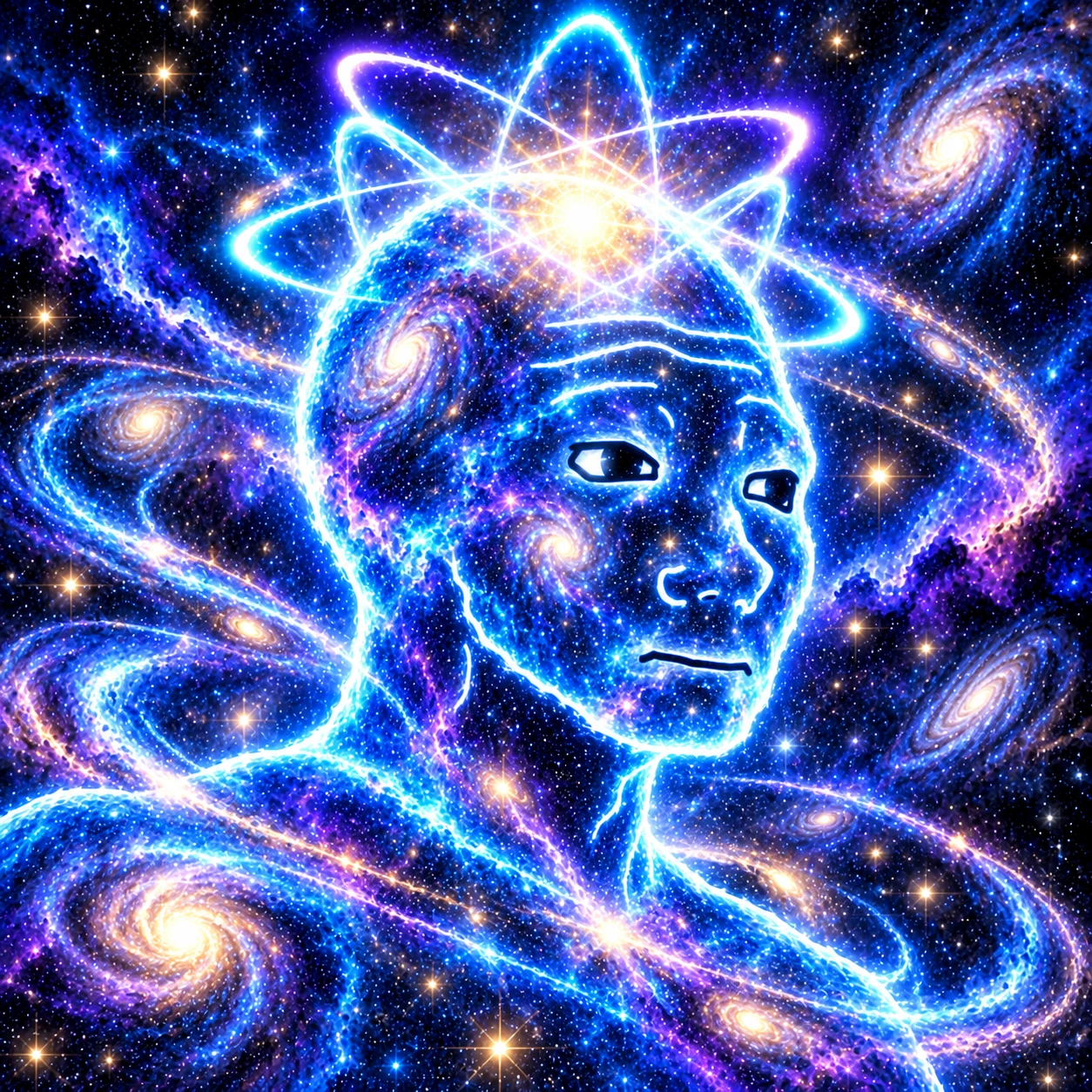 Wojo Quantum amid blue and violet galaxies