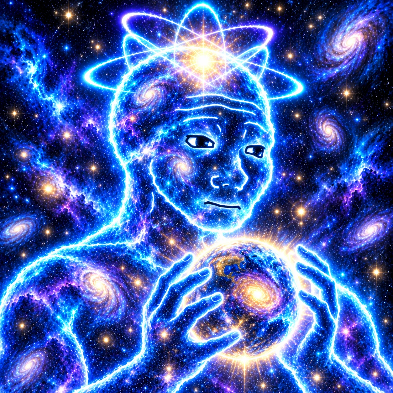 Wojo Quantum amid blue and violet galaxies